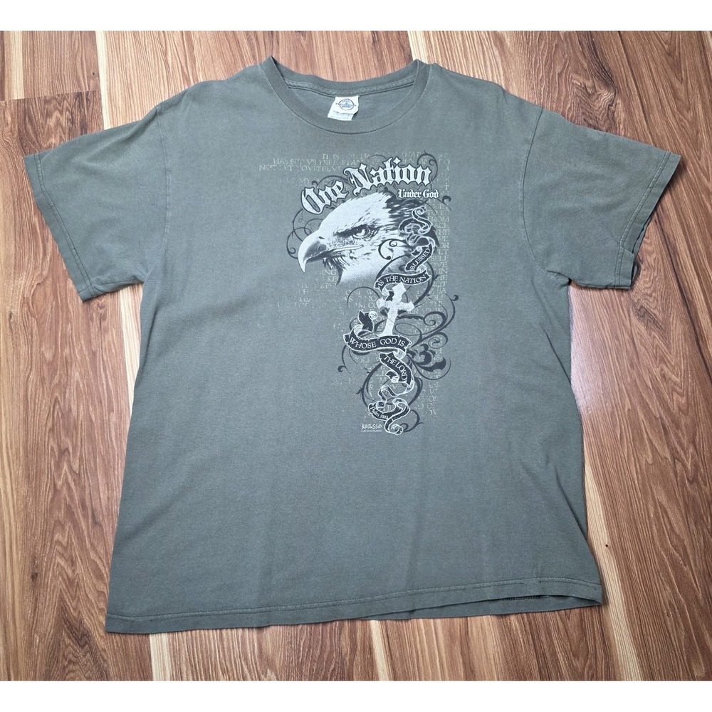 Y2k Religious Kerusso One Nation Shirt Mensโ Large Eagle Cross Psalm 33:12 Green